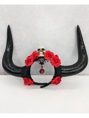 Gothic Horn Headband Skull Red Roses Lace Dangle Gem Halloween Costume One Size